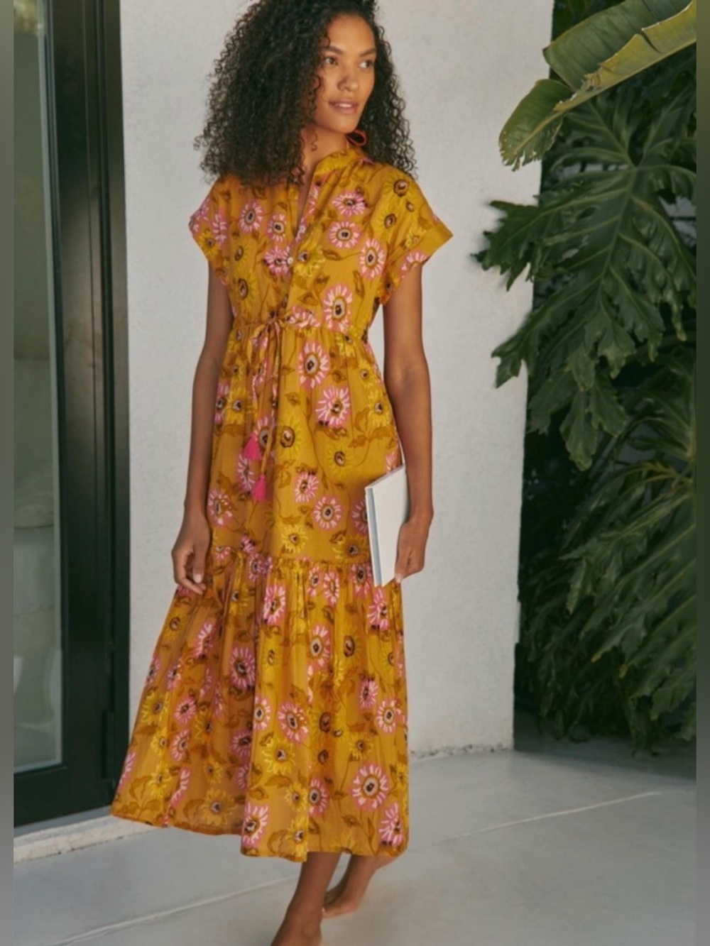 Ro's Garden Anthropologie Mumi Floral Tiered Cotton Midi Dress in Yellow, Size S